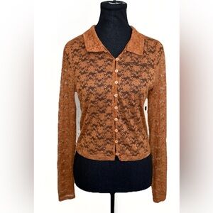 West of Melrose Rust Lace Button Down Top Medium